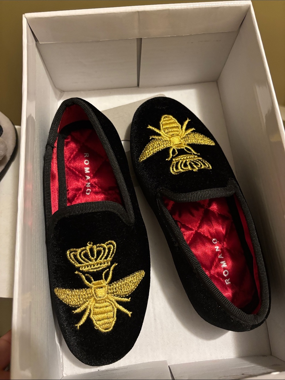 Romano Black Velvet Kids Loafers with Gold Bee Embroidery